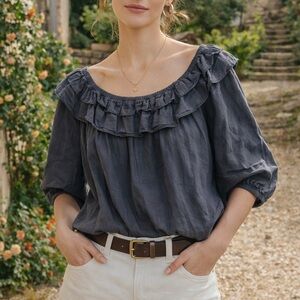 Ruffle Puff Sleeve Blouse Top In Grey Women’s Sz Small 100% Cotton